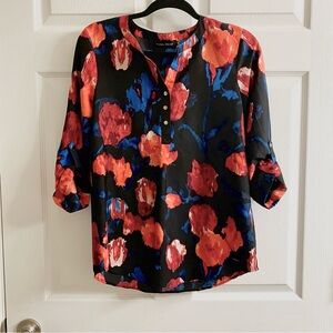 Ivanka Trump Black Floral Blouse with Red and Blue Accents